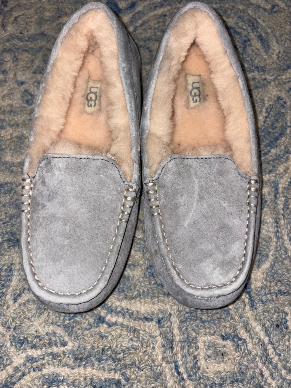 UGG Gray Suede Moccasin Slipper with Pink Shearling Lining